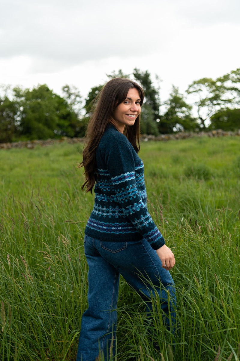 womens v neck fair isle cardigan teal blue wool craigievar