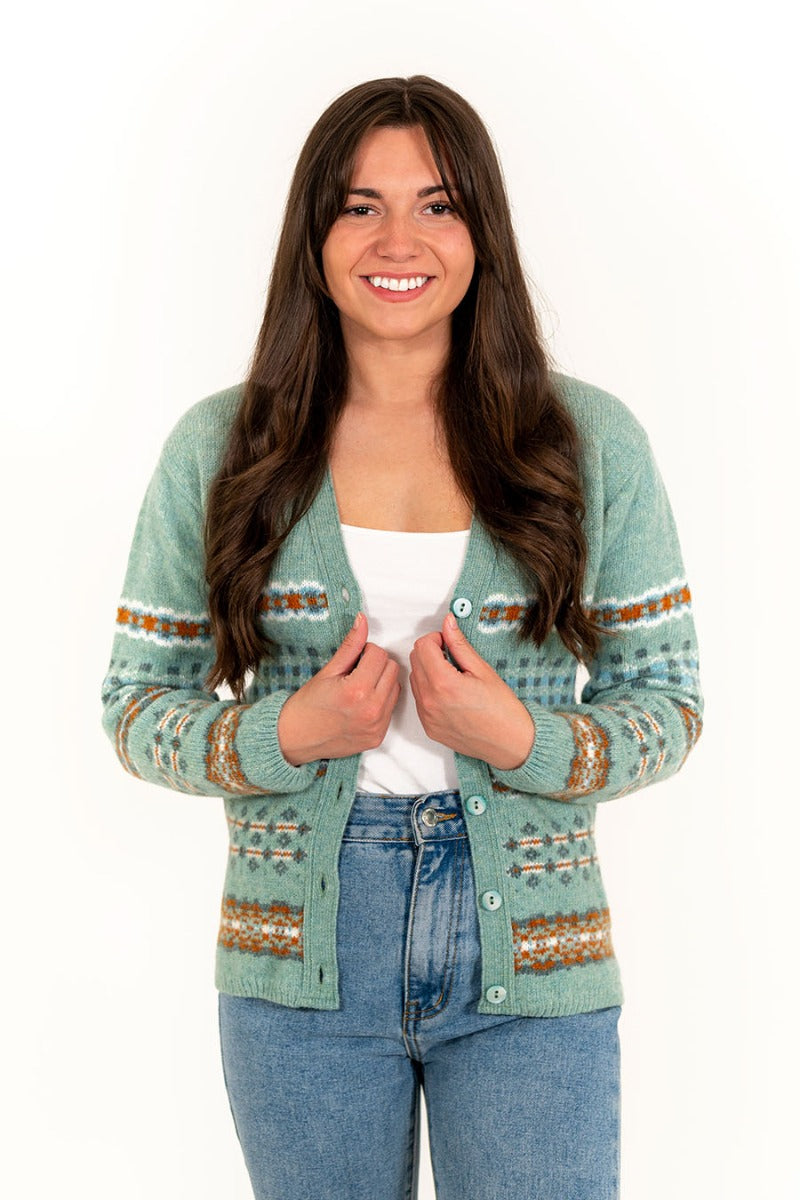 womens v neck fairisle cardigan sage green wool