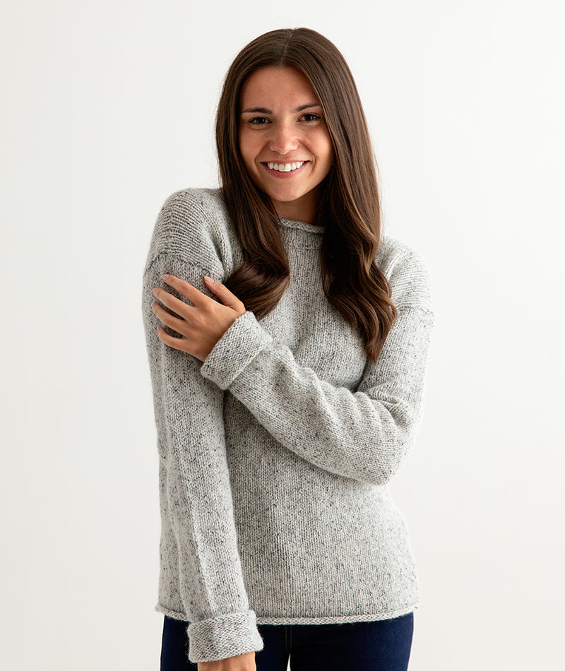 womens chunky wool jumper sweater light grey cuffed ladies front