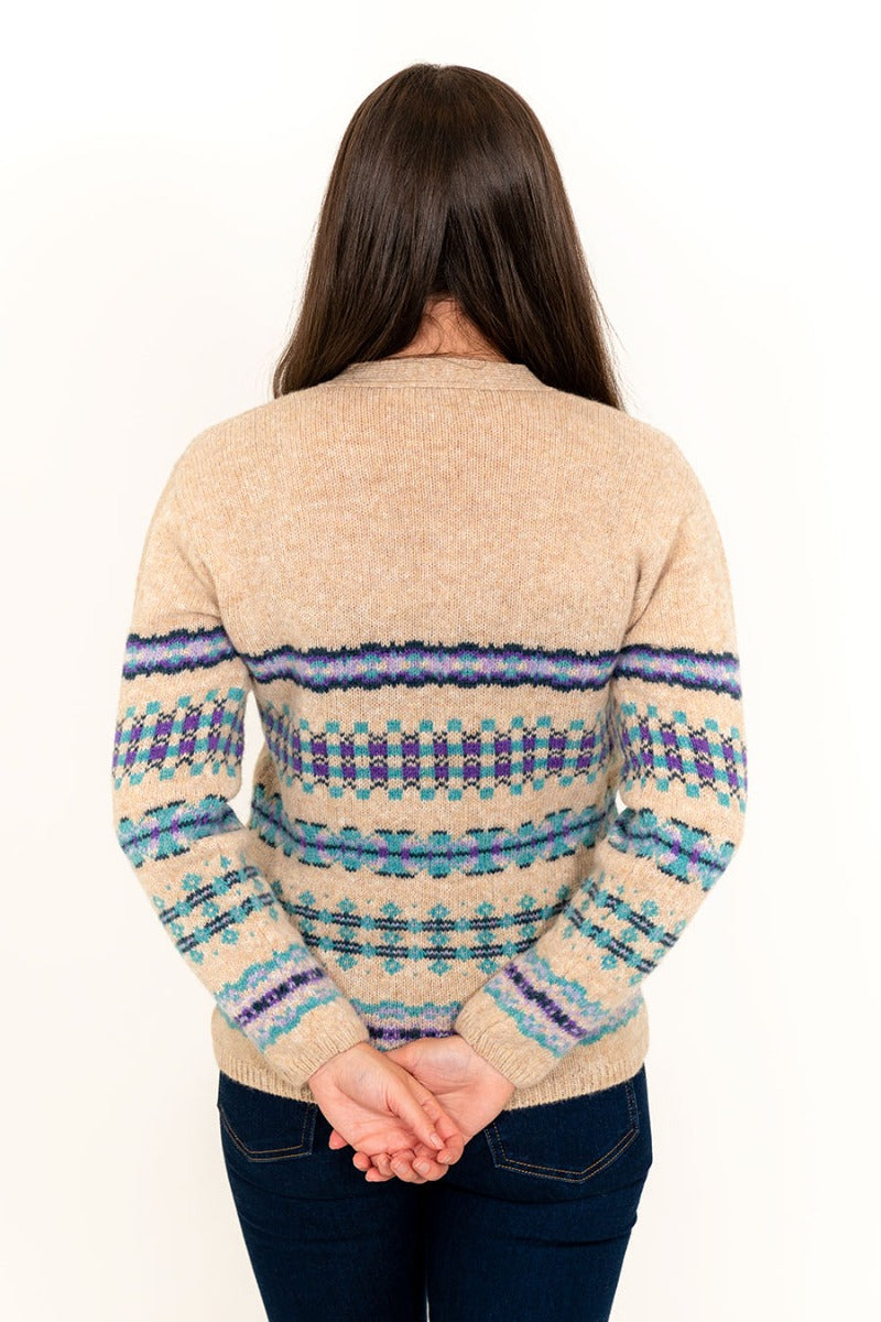 womens wool fair isle cardigan v neck wheat purple craigievar