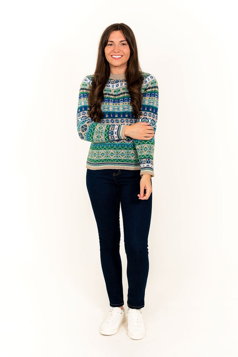 womens fairisle jumper wool blue green drumtochty