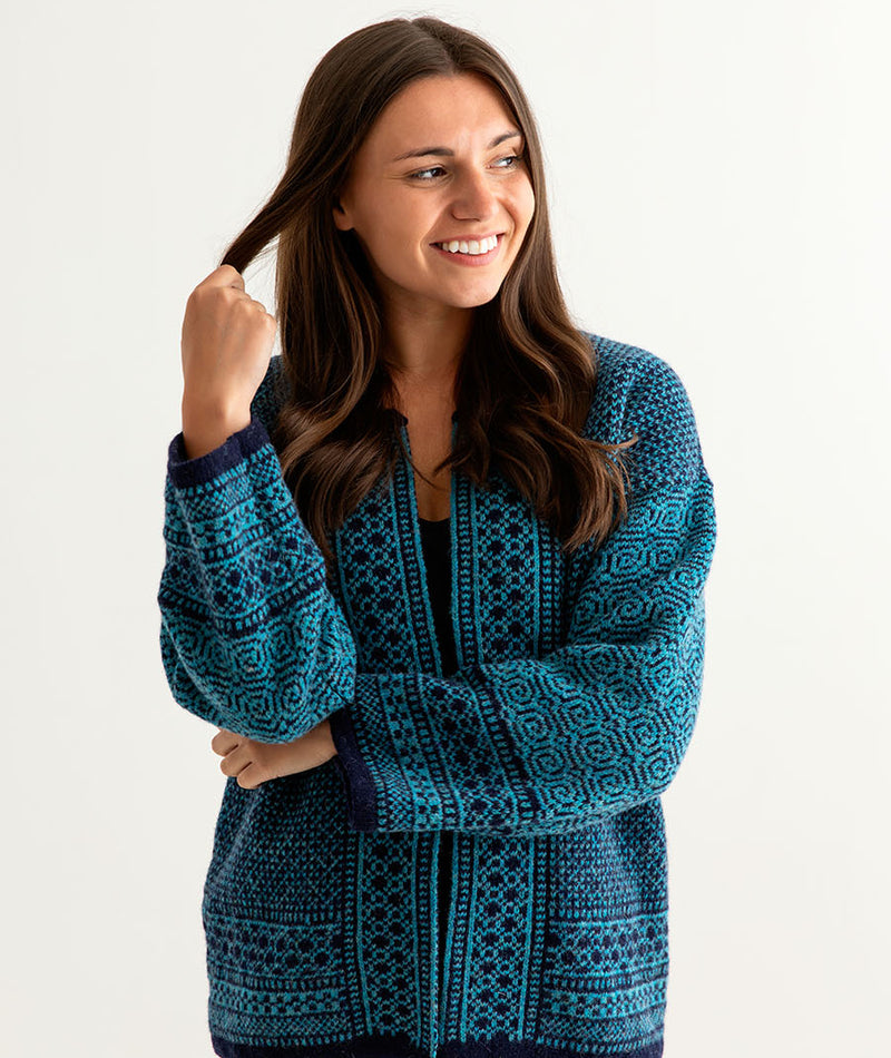 womens fair isle coatigan kimono cardigan navy blue teal wool towie