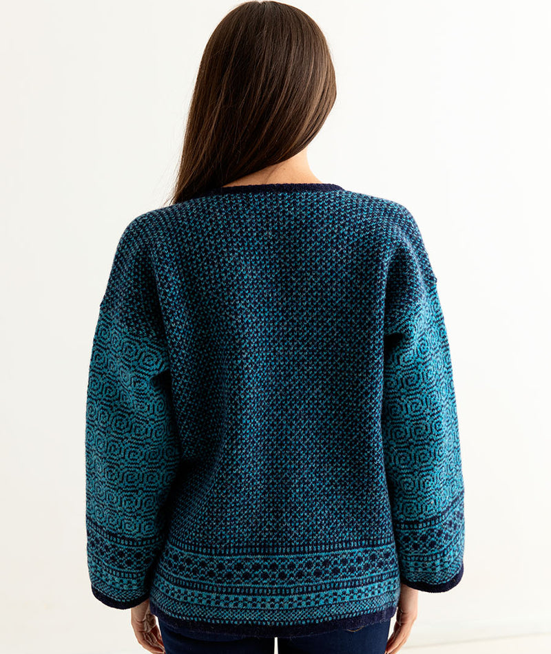 womens fair isle coatigan kimono navy teal back