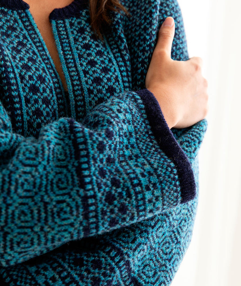 womens fair isle wool kimono cardigan black navy blue teal coatigan towie