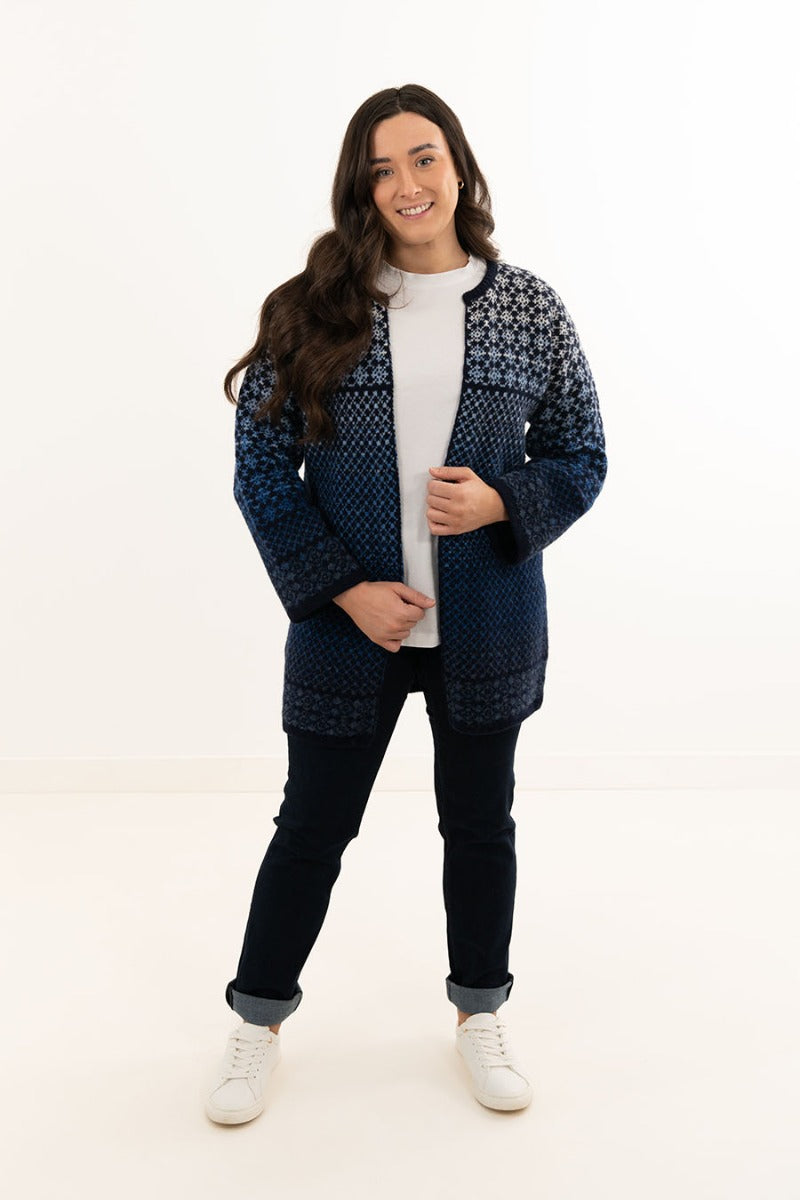 womens wool fair isle long cardigan sweater blue white kimono coatigan