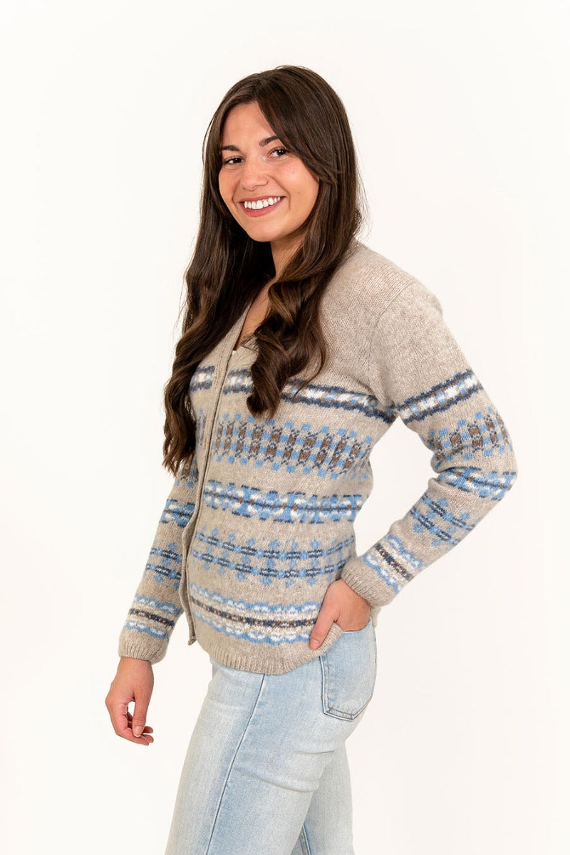 womens wool fairisle cardigan v neck beige blue craigievar
