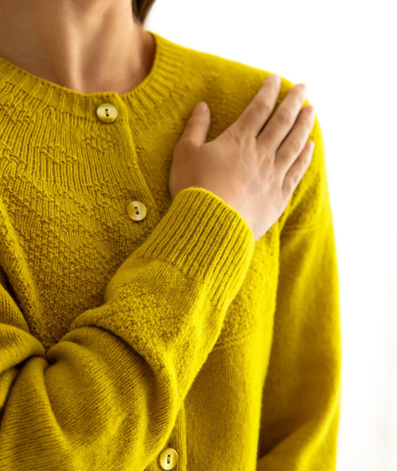 womens gansey guernsey cardigan mustard yellow geelong lambs wool close up