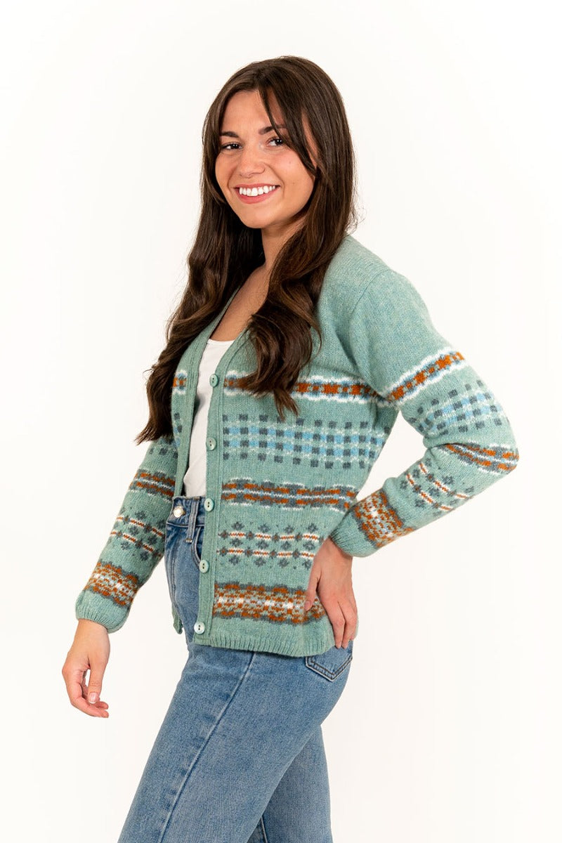 wool fair isle cardigan v neck sage green womens ladies