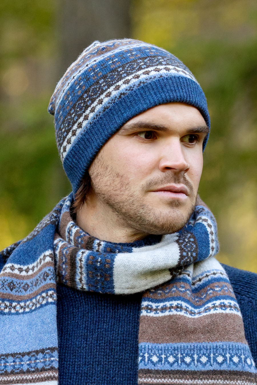 wool fair isle hat beanie blue brown grey mens mans scottish clyde