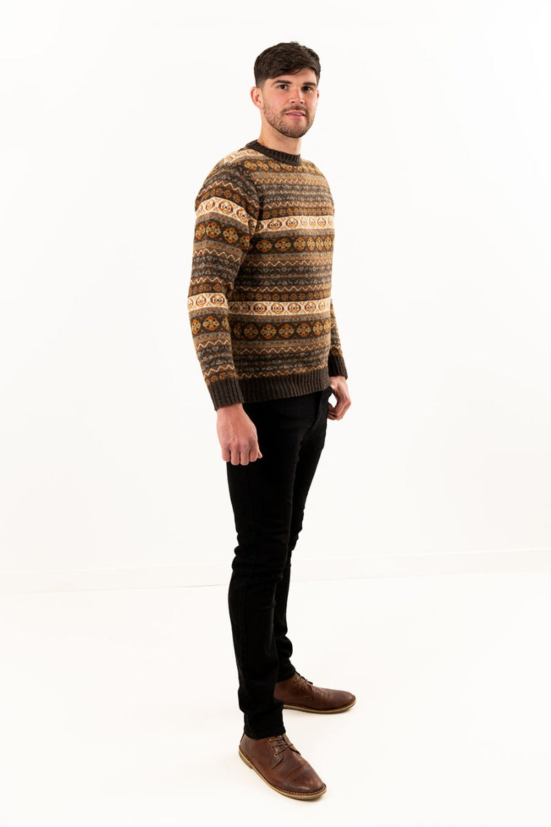 wool fair isle jumper for men brown orange drumtochty