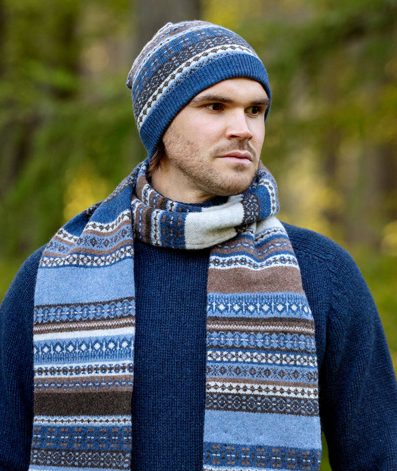 wool fair isle scarf blue brown grey mens mans scottish clyde