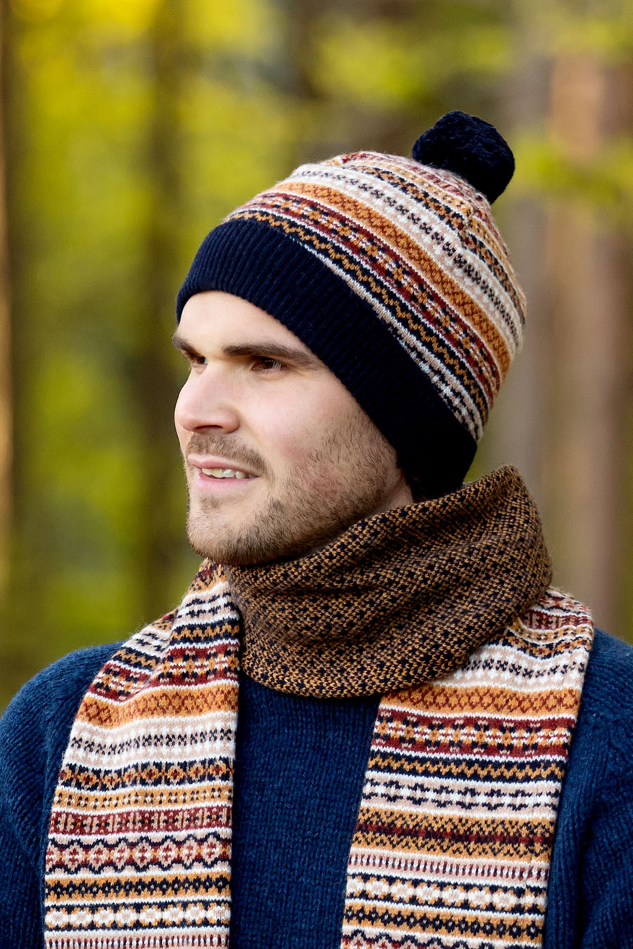 wool fair isle hat ski bobble pom navy gold mustard tweed
