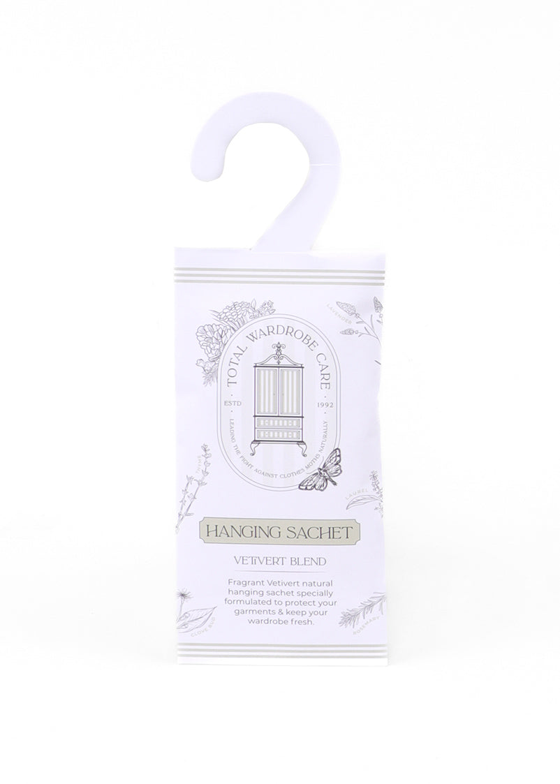 Clothes moth deterrent hanging sachet pack with vetivert on a white background