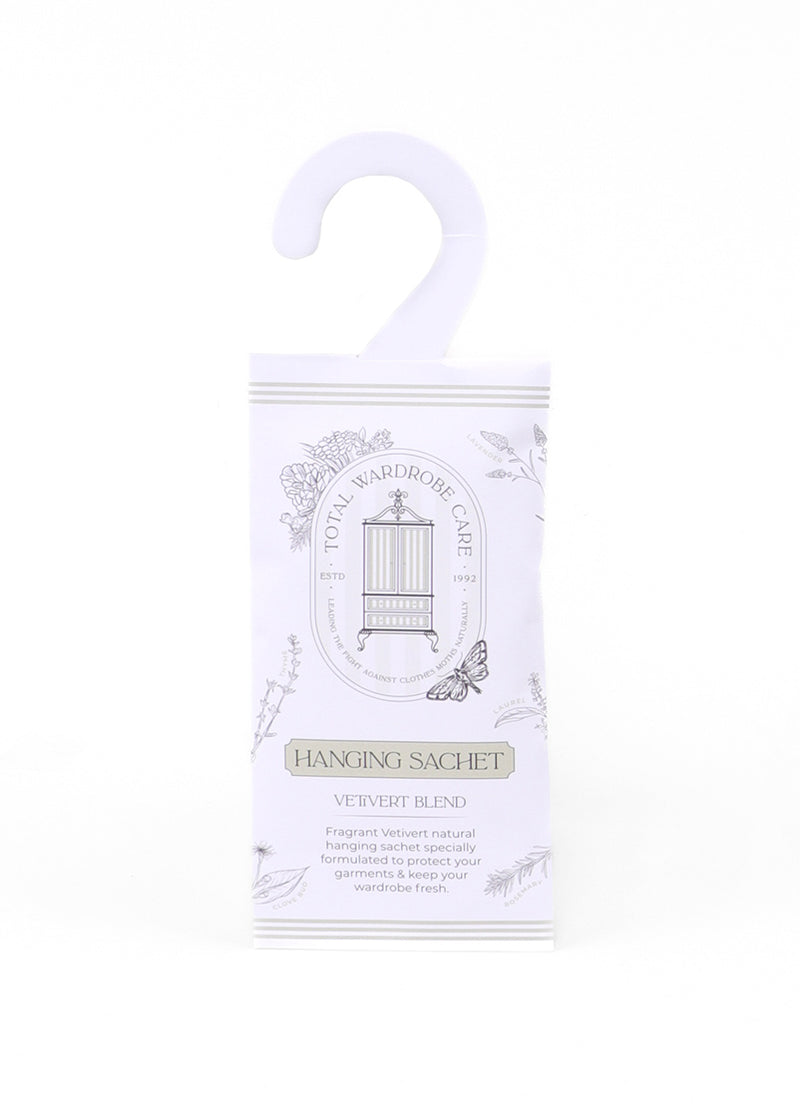 Clothes moth deterrent hanging sachet pack with vetivert on a white background