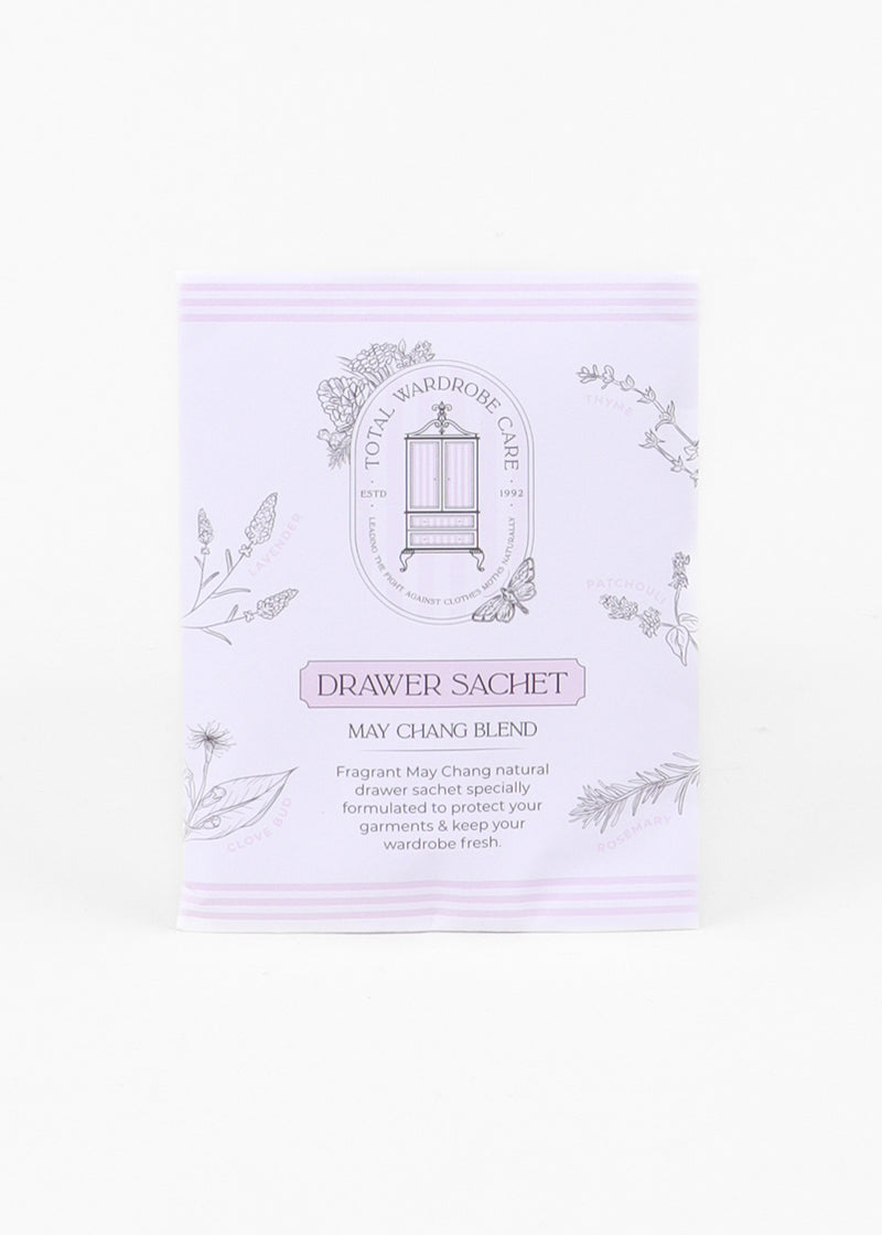 Moth deterrent drawer sachet with may chang on a white background