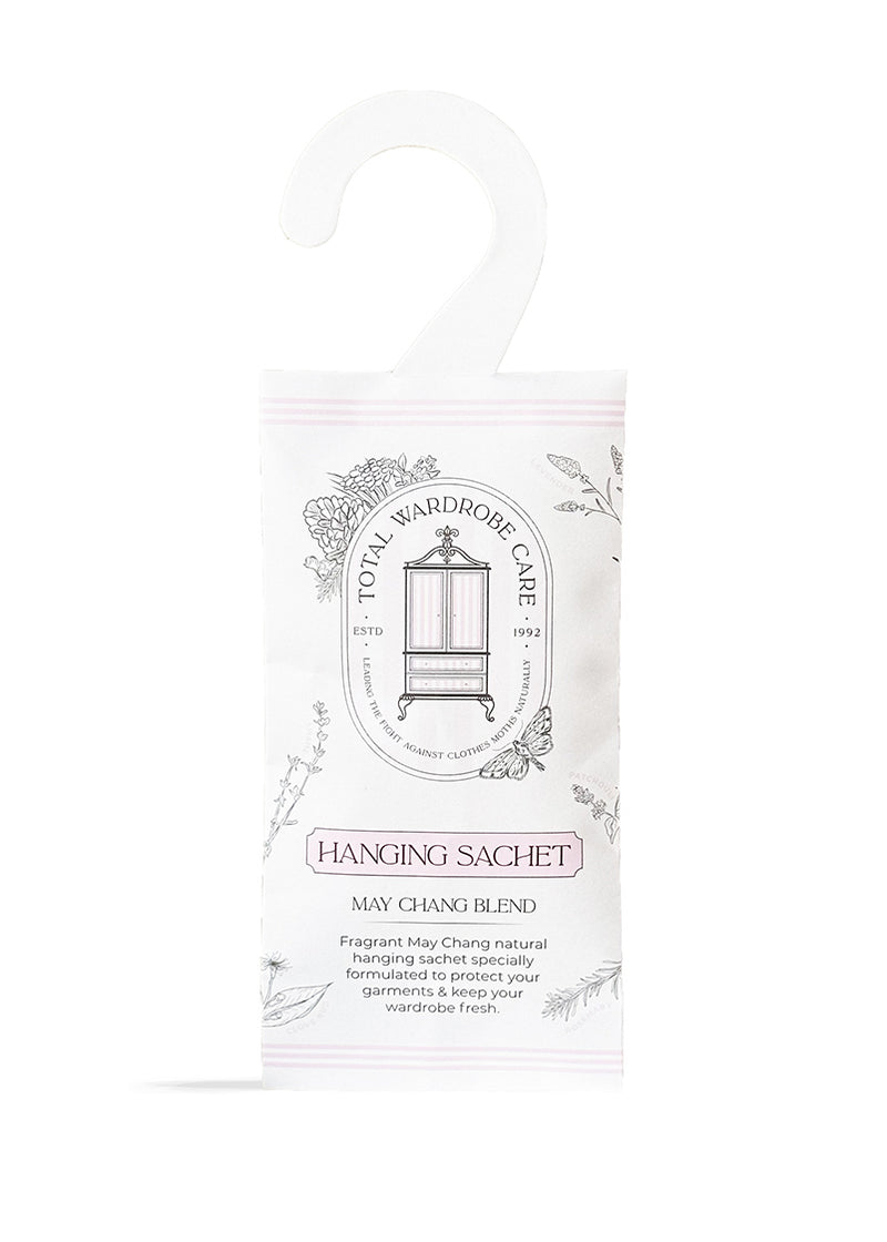 Clothes moth repellent hanging sachet on a white background