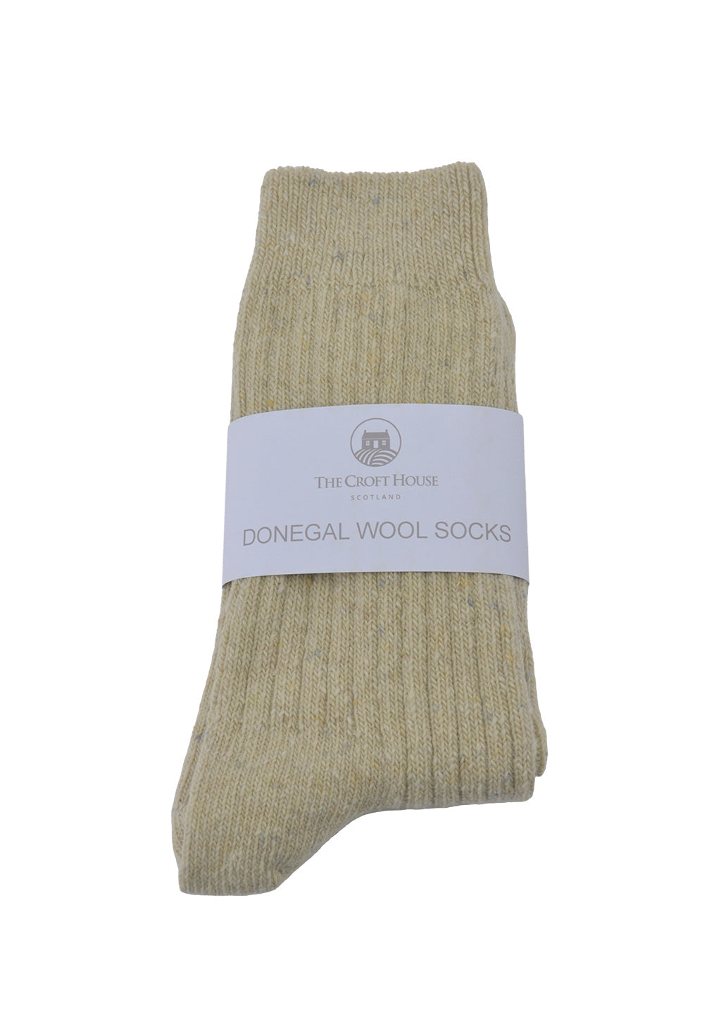 Teal donegal wool socks folded with a white label on a white background