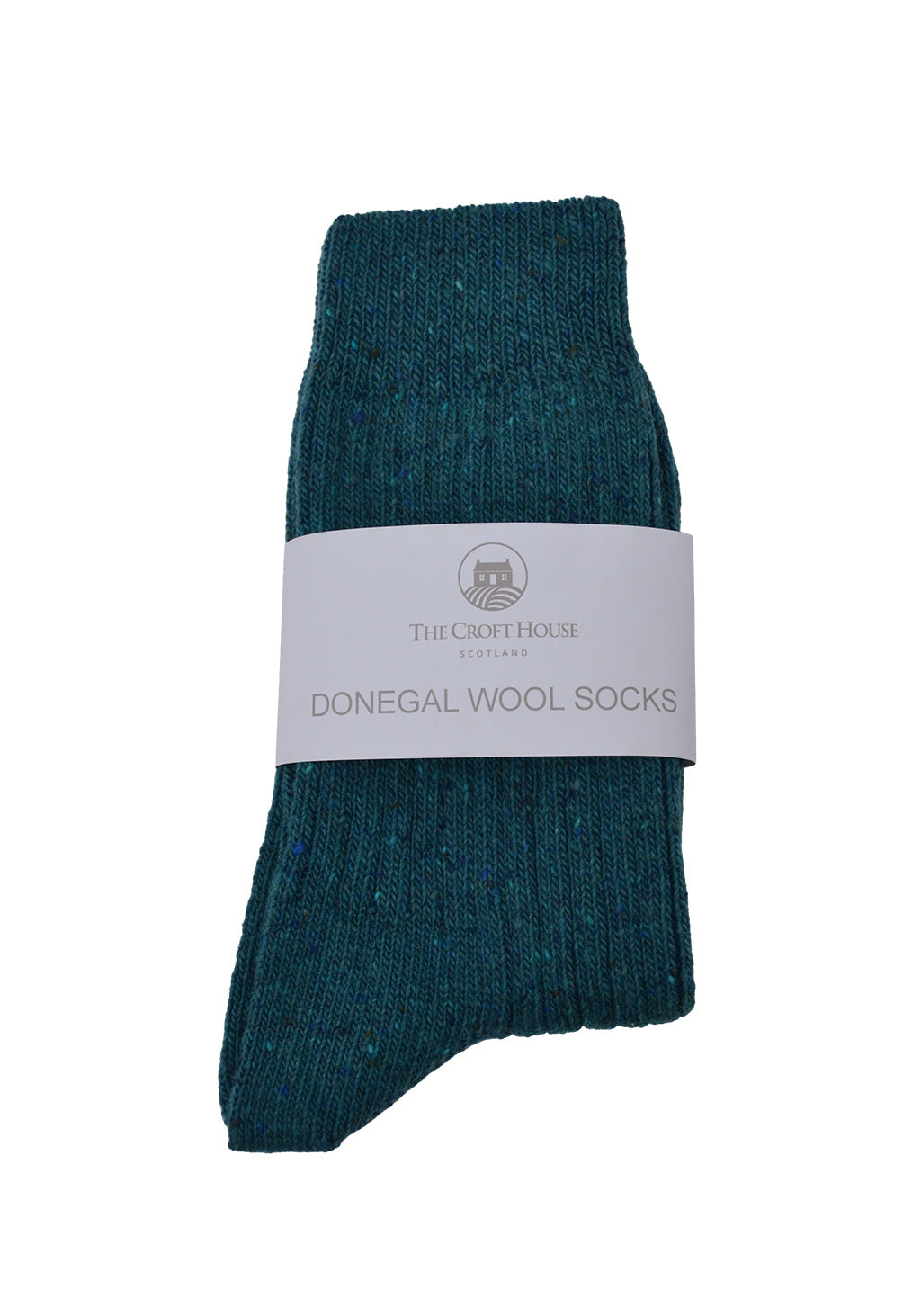 Teal donegal wool socks folded with a white label on a white background