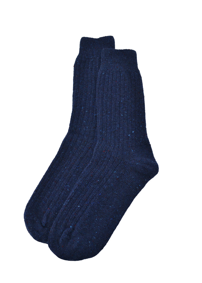 A pair of dark navy blue wool ribbed knit socks with subtle multicolor flecks, displayed against a solid white background.