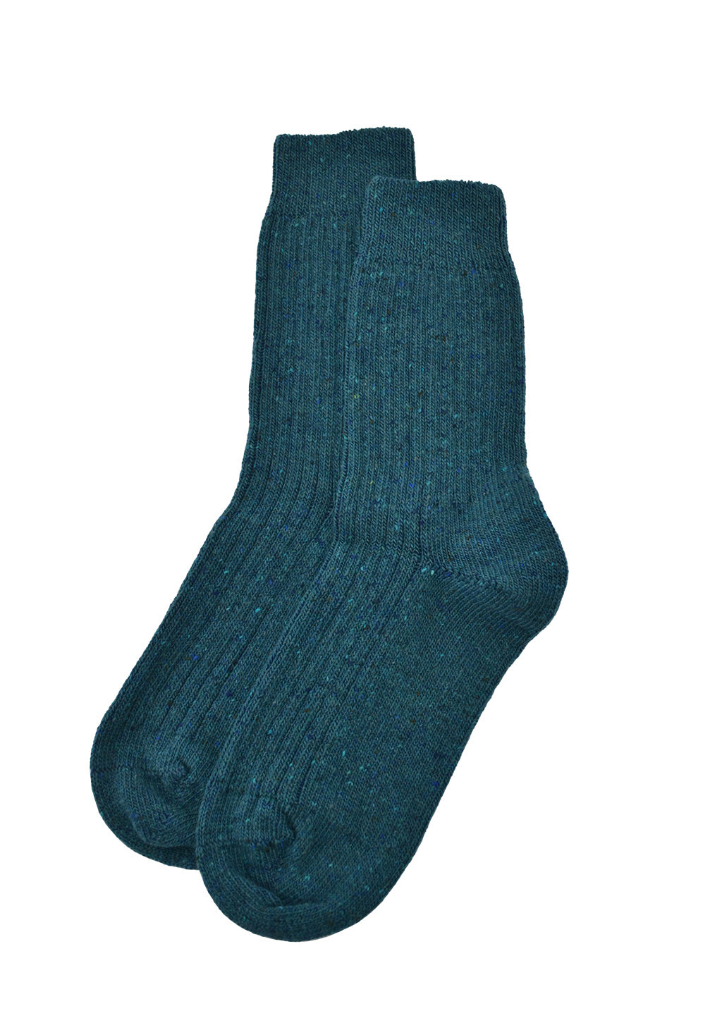 A pair of dark teal ribbed knit donegal wool socks shown against a plain white background.