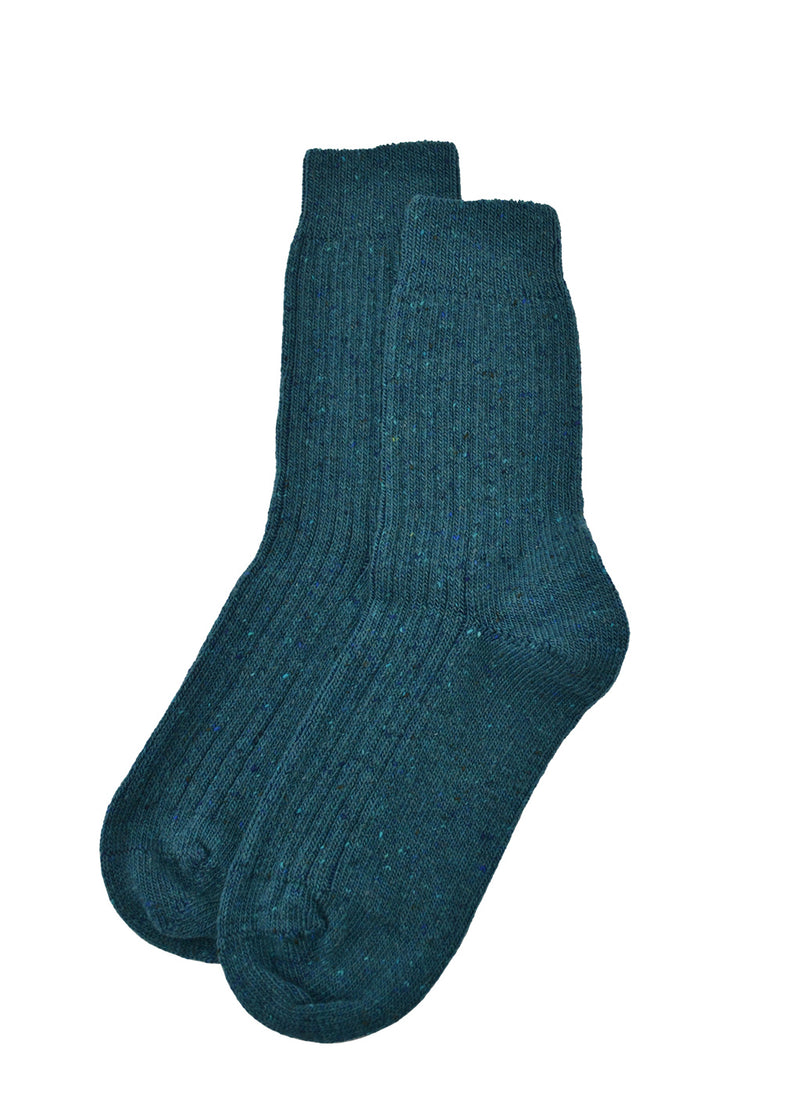 A pair of dark teal ribbed knit donegal wool socks shown against a plain white background.