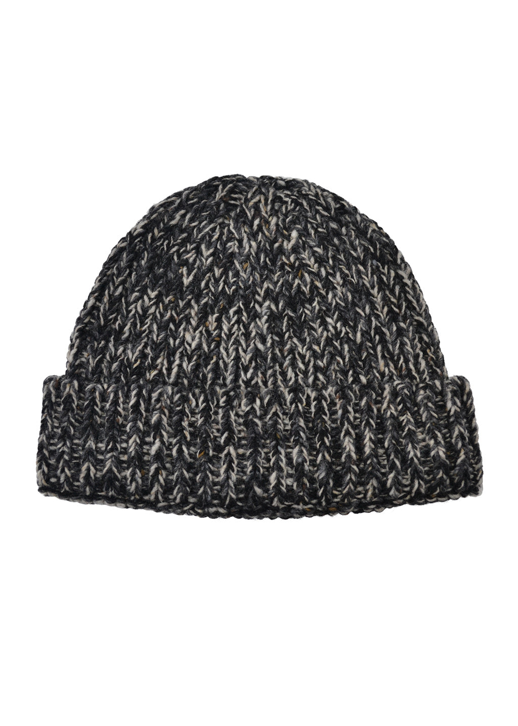 A marled knit beanie hat in black and gray, shown against a plain white background.
