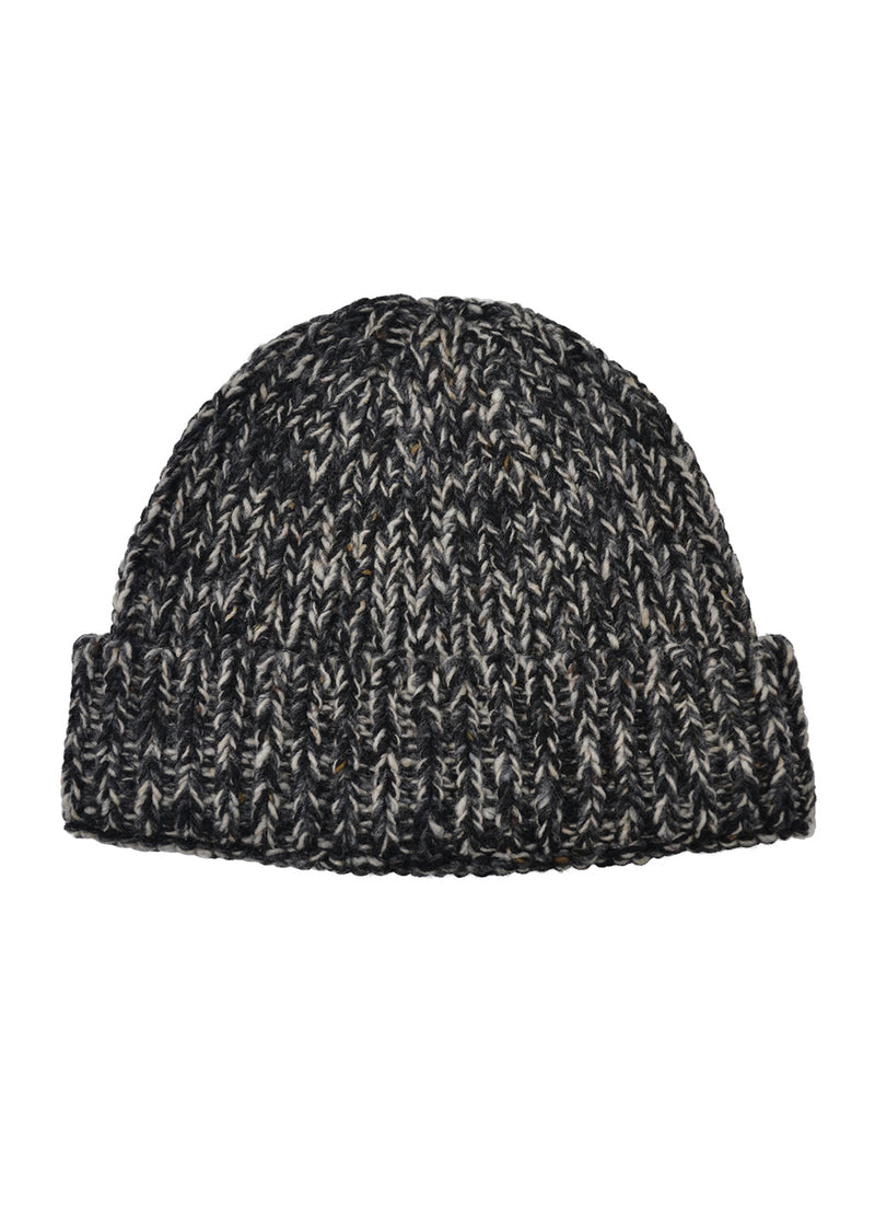 A marled knit beanie hat in black and gray, shown against a plain white background.