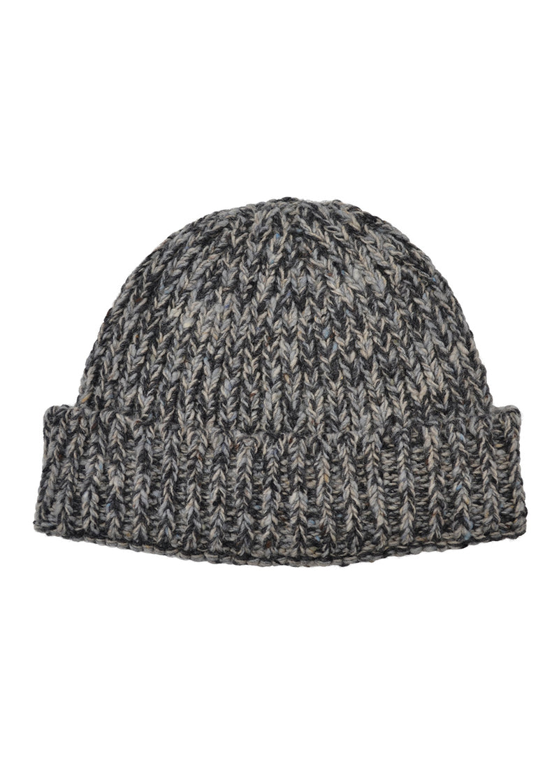 A chunky knit beanie hat in marled tonal grey wool against a plain white background.
