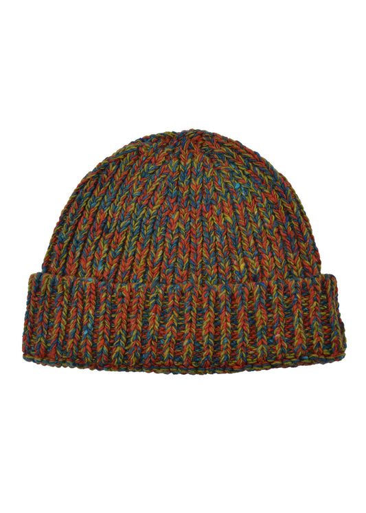 A chunky knitted beanie hat in marled orange, teal and lime wool on a white background