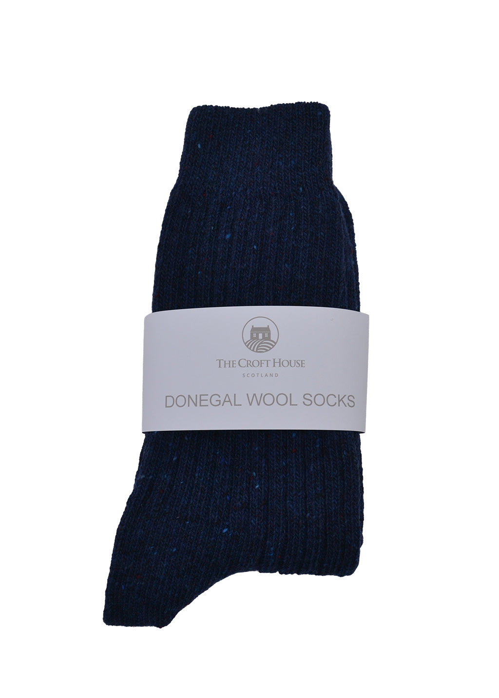 A pair of folded navy blue Donegal wool socks with white label on a white background