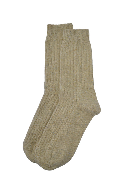 A pair of ribbed wool socks in a light oatmeal beige colour, shown against a plain white background.
