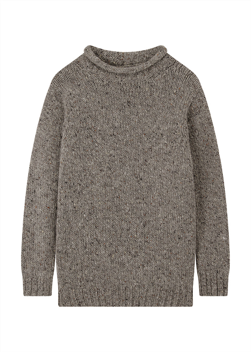 Grey donegal wool knitted sweater on a white background