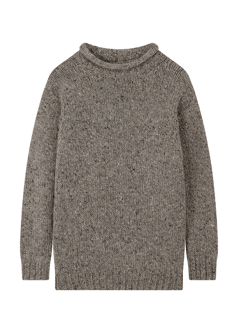 Grey donegal wool knitted sweater on a white background