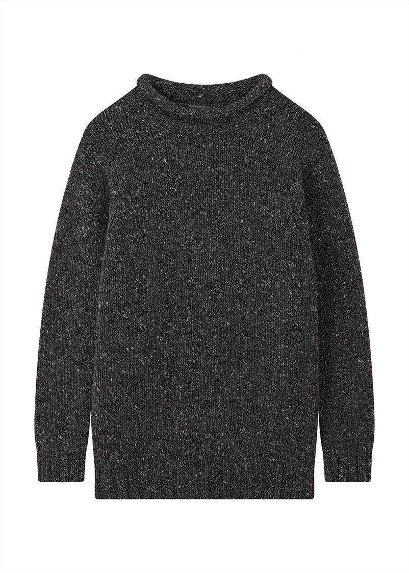 Dark gray donegal wool knitted sweater on a white background