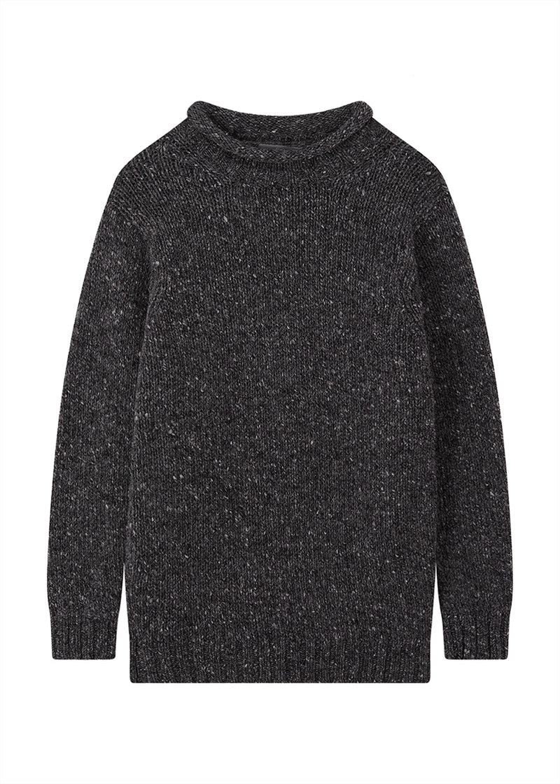 Dark gray donegal wool knitted sweater on a white background