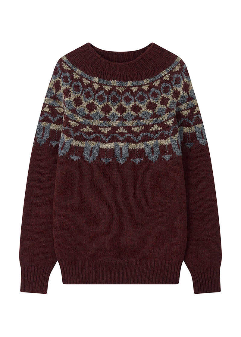 Mens dark beetroot red fair isle yoke sweater with patterns in grey and brown, on a white background