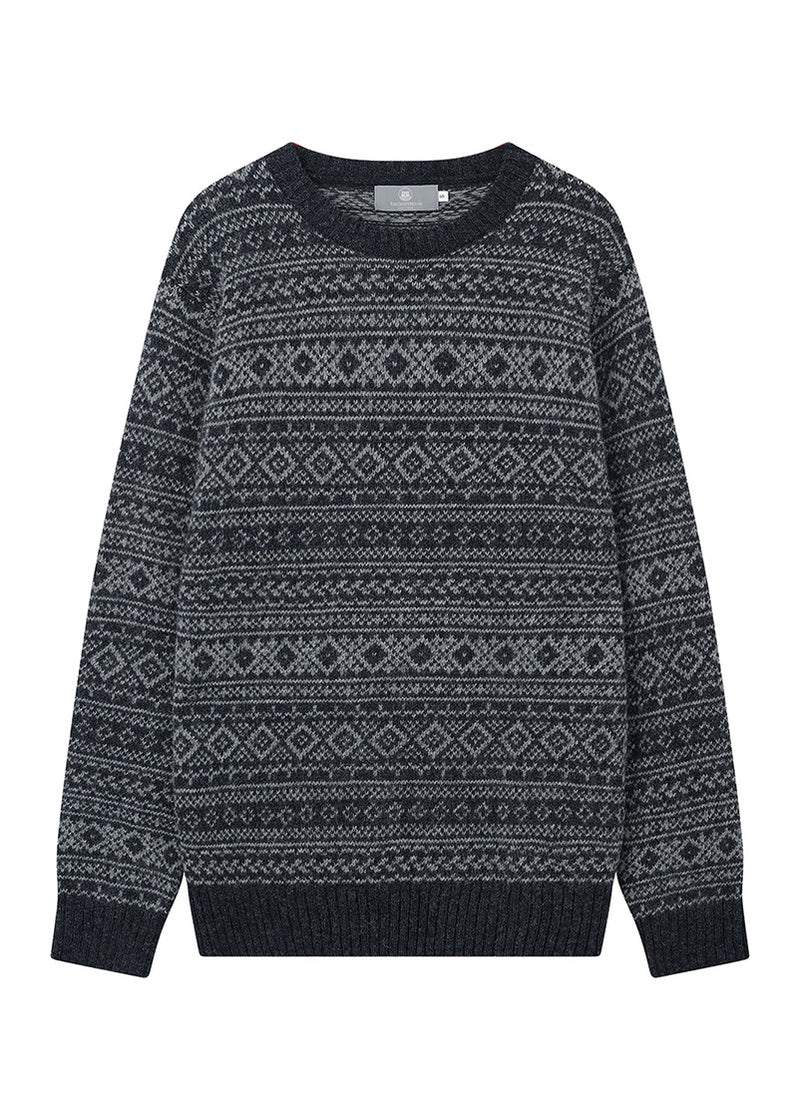 mens charcoal grey fair isle jumper on a white background