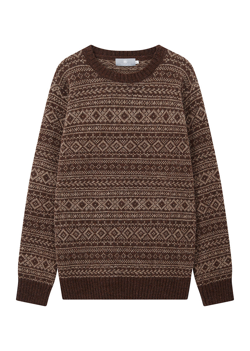 mens brown fair isle jumper on a white background