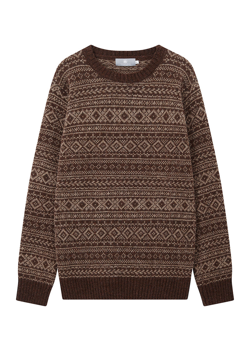 mens brown fair isle jumper on a white background