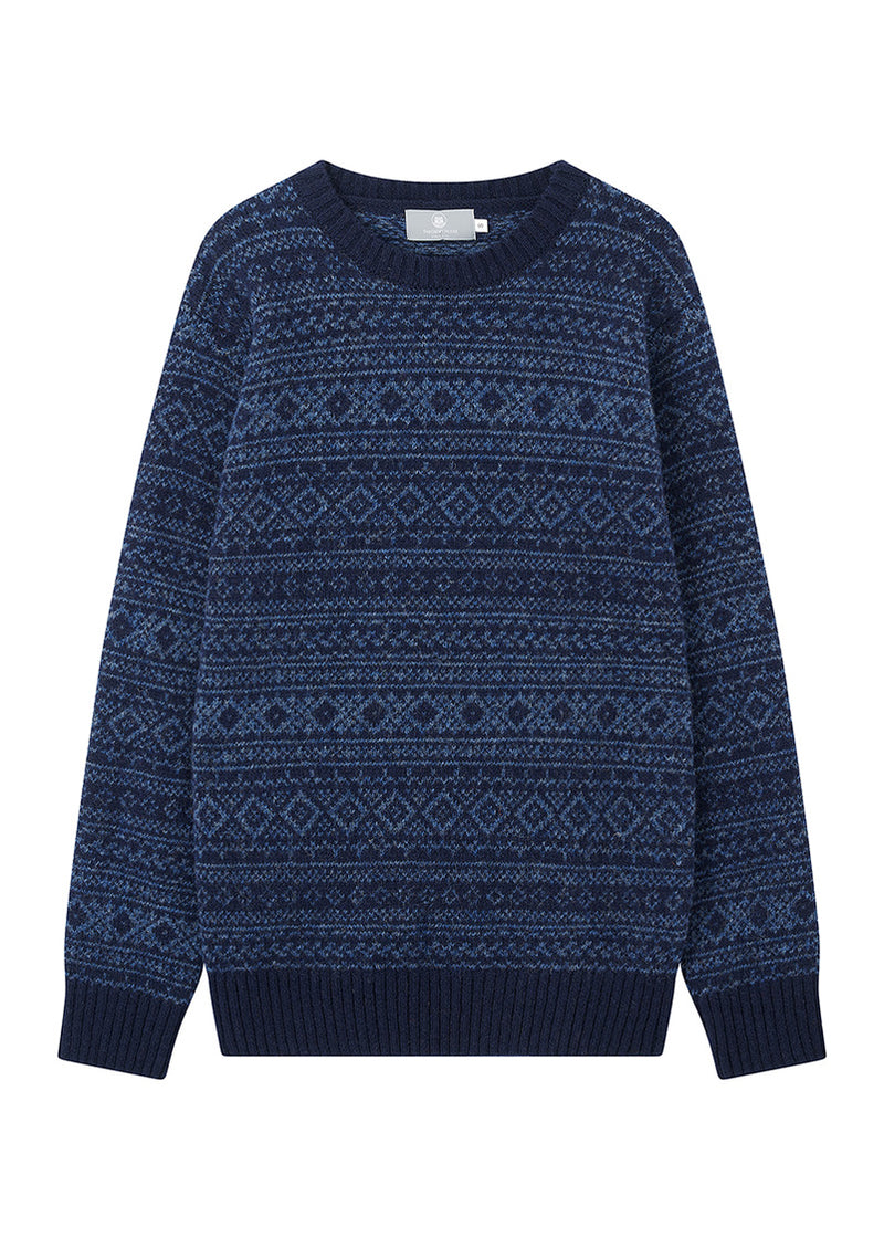 mens navy blue fair isle jumper on a white background