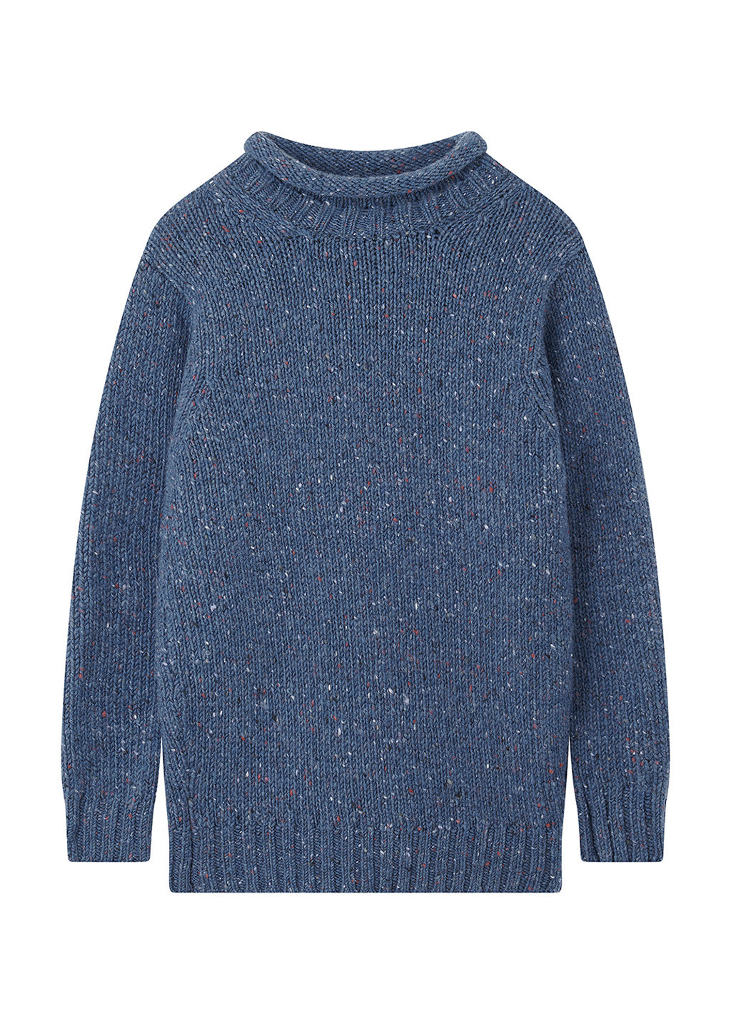 A blue donegal wool knit sweater with a speckled texture, featuring a rolled crew neck and long sleeves, shown against a plain white background.