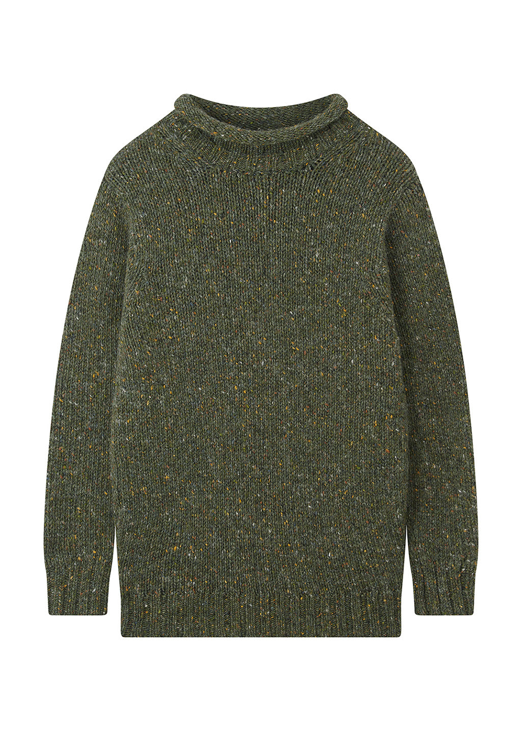 A khaki green knit sweater with a textured, speckled heathered pattern, featuring a rolled crew neck and long sleeves, shown against a plain white background.
