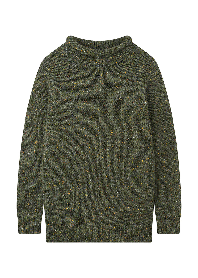 A khaki green knit sweater with a textured, speckled heathered pattern, featuring a rolled crew neck and long sleeves, shown against a plain white background.