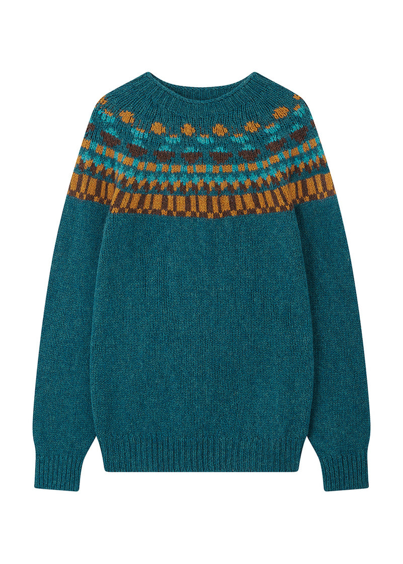 Mens Teal sweater with orange and brown fair isle pattern at the yoke, on a white background