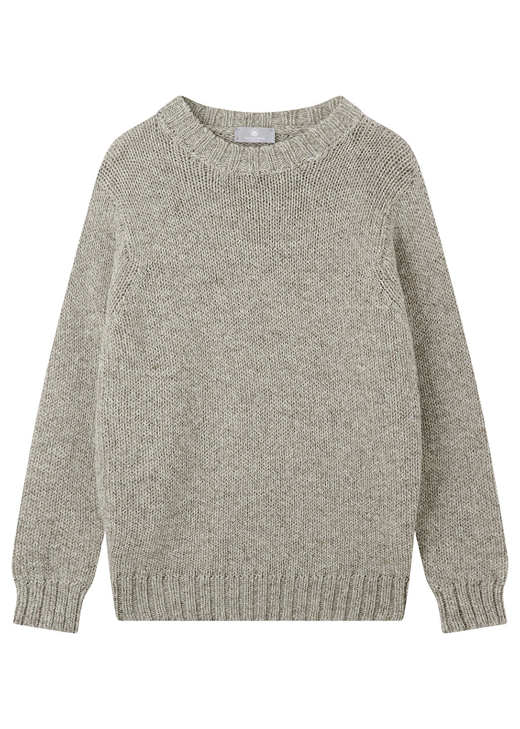 A light gray-brown heathered knit crewneck sweater with long sleeves and ribbed cuffs and hem, shown flat against a white background.