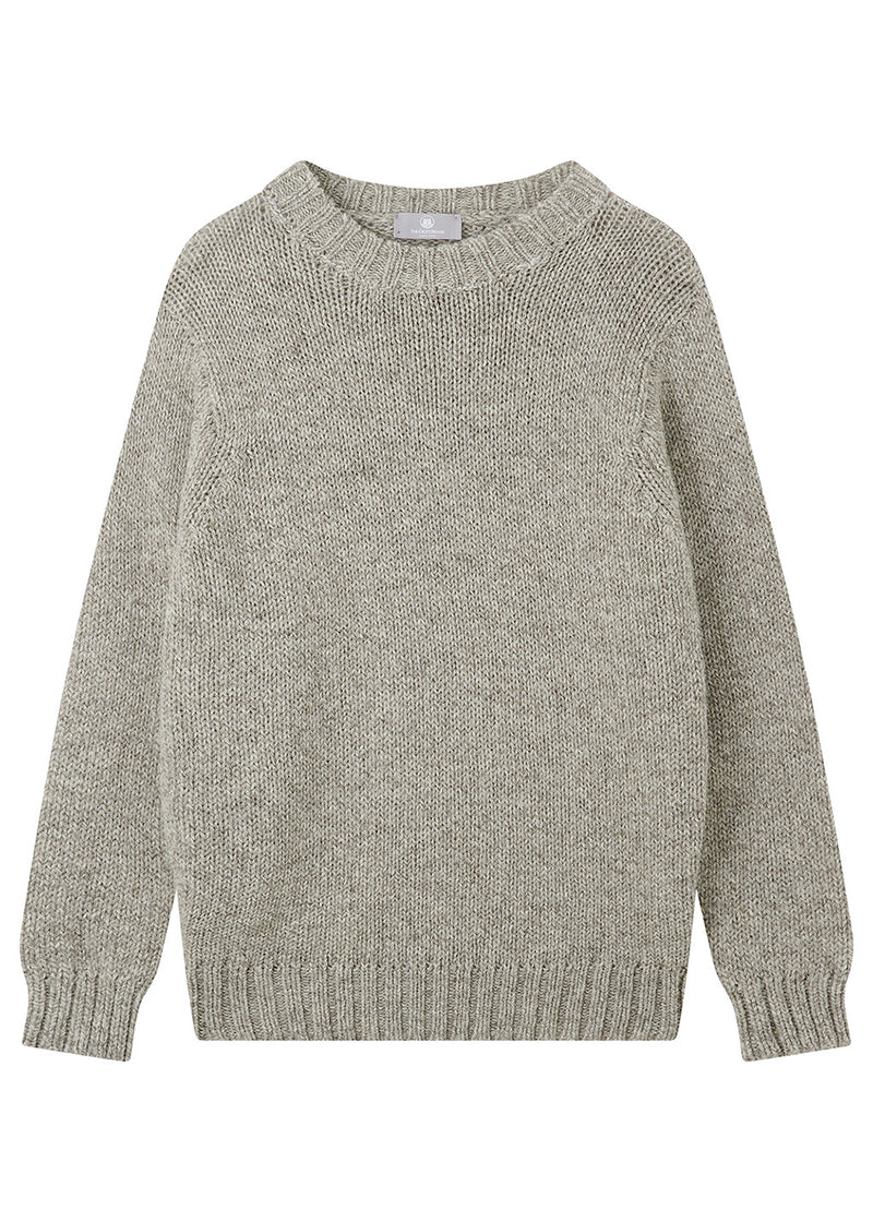 A light gray-brown heathered knit crewneck sweater with long sleeves and ribbed cuffs and hem, shown flat against a white background.