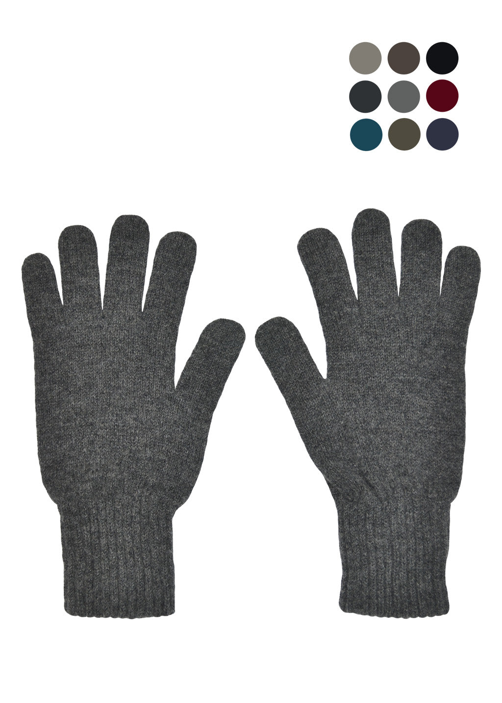 A pair of dark grey marled knit gloves shown flat against a white background, with a small colour-options circle grid in the upper right corner, showing 9 colours.