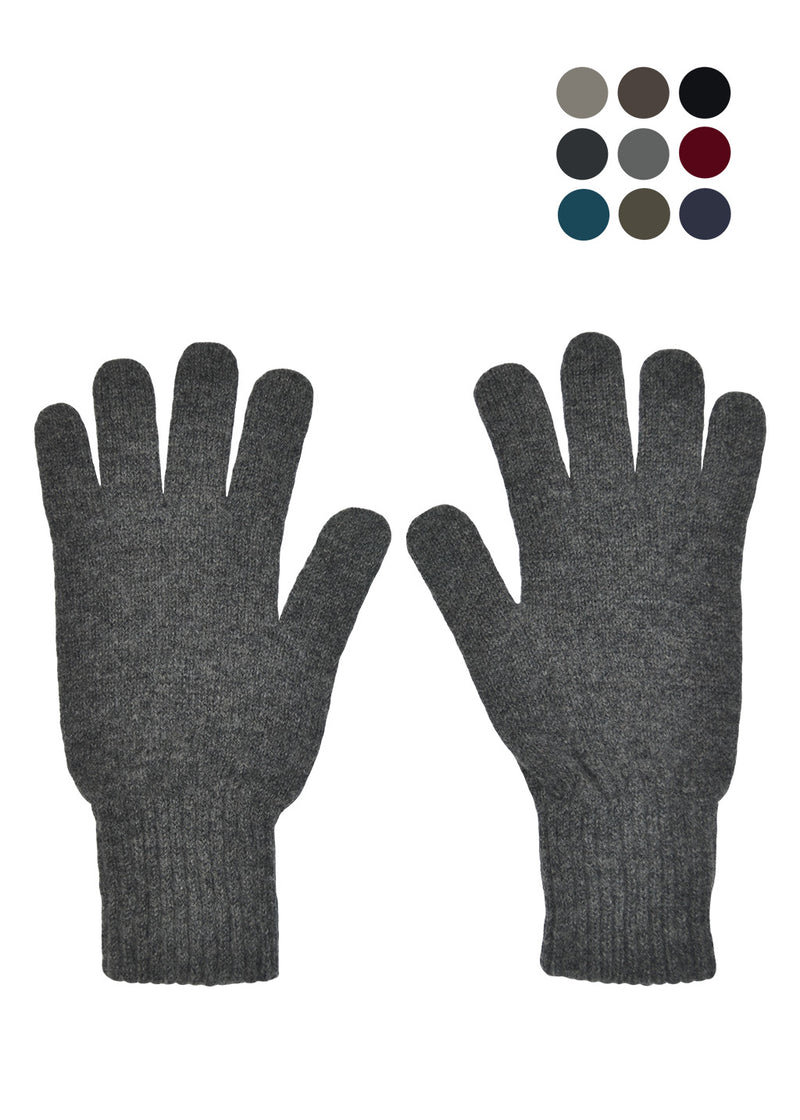 A pair of dark grey marled knit gloves shown flat against a white background, with a small colour-options circle grid in the upper right corner, showing 9 colours.