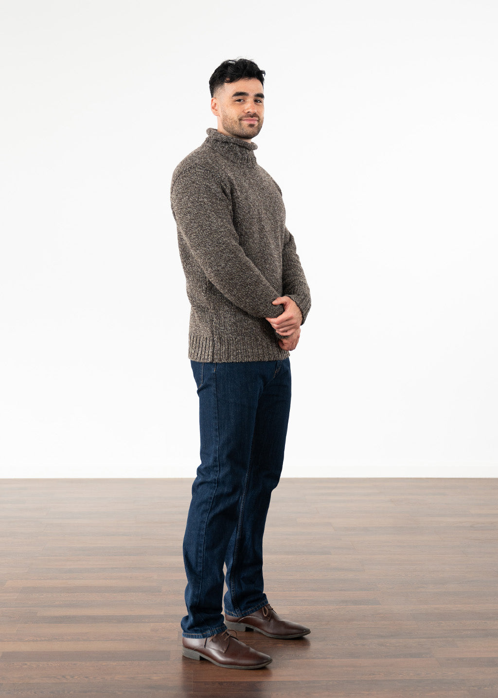 Mens Chunky Roll Neck Jumper - Undyed British wool brown pebble