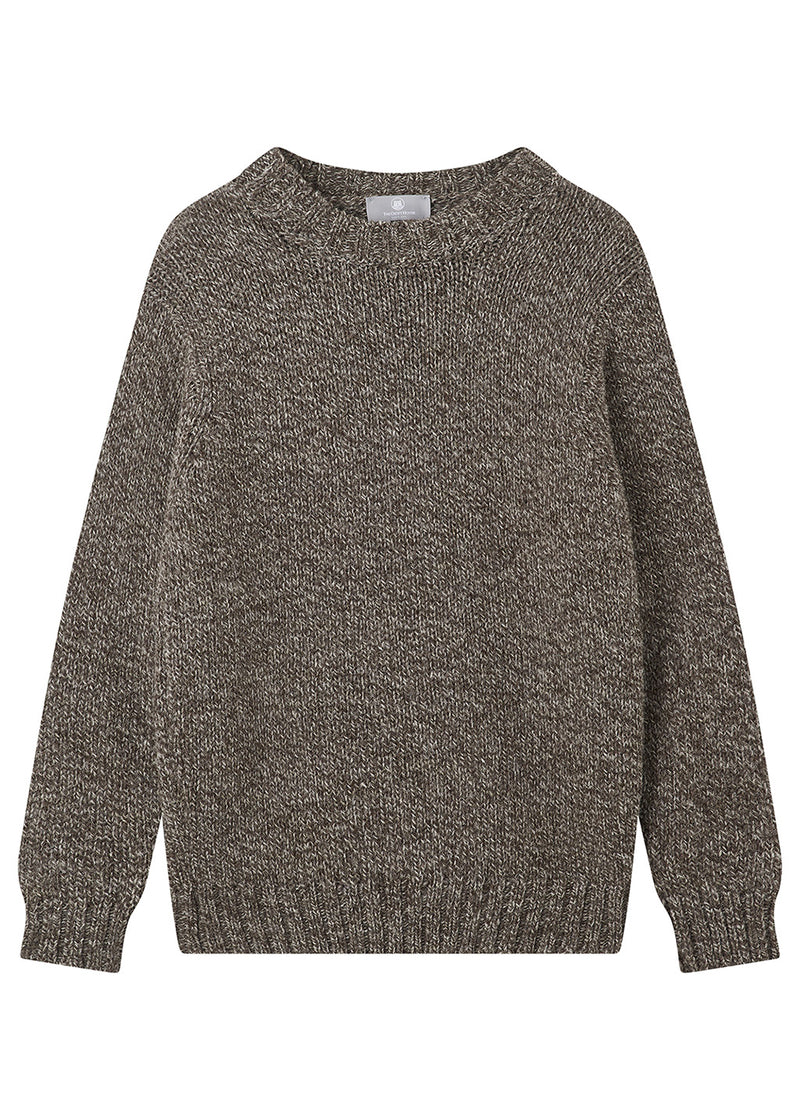 A textured knit crewneck jumper in a heathered brown and grey colourway, displayed flat against a solid white background.
